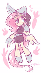 Size: 1076x1914 | Tagged: safe, artist:oofycolorful, fluttershy, pegasus, semi-anthro, abstract background, blushing, bunny ears, butt wings, clothes, costume, cute, daaaaaaaaaaaw, dangerous mission outfit, female, goggles, hoodie, hoof on cheek, looking sideways, open mouth, shy, shyabetes, signature, simple background, solo, spread wings, sweat, sweatdrop, white background, wings