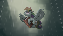 Size: 1920x1080 | Tagged: safe, anonymous artist, rainbow dash, pegasus, pony, g4, bible, christianity, cross, female, flying, frown, looking up, mare, orthodox cross, rain, religion, simple background, solo, spread wings, wings