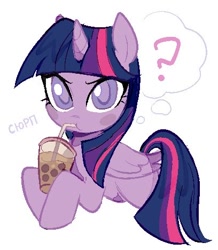 Size: 408x468 | Tagged: safe, artist:tikovka_pumpkin, twilight sparkle, alicorn, pony, g4, bubble tea, drinking, female, looking at you, mare, question mark, simple background, slurp, solo, thought bubble, twilight sparkle (alicorn), white background