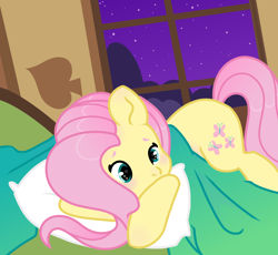 Size: 1536x1415 | Tagged: safe, artist:vi45, fluttershy, pony, g4, bed, blanket, blushing, cute, female, fluttershy's cottage, indoors, lying down, mare, night, pillow, prone, shyabetes, solo, window