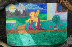 Size: 2707x1779 | Tagged: safe, artist:pessadie, fluttershy, pony, g4, female, flying, mare, mountain, outdoors, solo, sun, traditional art