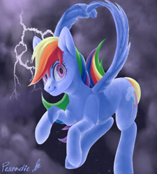 Size: 2323x2581 | Tagged: safe, artist:pessadie, rainbow dash, pegasus, pony, g4, female, high res, lightning, mare, outdoors, signature, smiling, solo