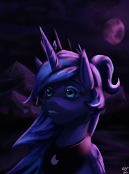 Size: 1000x1346 | Tagged: safe, artist:vezja, princess luna, alicorn, pony, g4, bust, cloud, female, forest, horn, jewelry, lake, mare, moon, mountain, night, open mouth, peytral, ponytail, portrait, regalia, signature, sky, solo, tiara, tree, wings