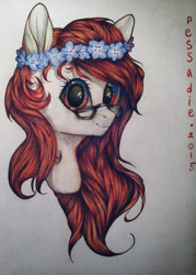 Size: 735x1024 | Tagged: safe, artist:pessadie, oc, oc only, earth pony, pony, bust, earth pony oc, eyelashes, female, floral head wreath, flower, glasses, mare, solo, traditional art