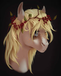 Size: 1600x2000 | Tagged: safe, artist:pessadie, oc, oc only, earth pony, pony, black background, bust, earth pony oc, female, flower, flower in hair, mare, simple background, solo