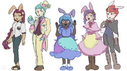 Size: 1920x1080 | Tagged: safe, artist:metaruscarlet, hitch trailblazer, izzy moonbow, pipp petals, sunny starscout, zipp storm, human, g5, belt, boots, bowtie, bunny ears, clothes, coat, dark skin, dress, easter, easter bunny, easter egg, egg, female, floral head wreath, flower, flower in hair, gloves, hat, holiday, humanized, male, mane five, monocle, necktie, one eye closed, open mouth, pants, pipp is tall, pocket watch, sandals, shirt, shoes, simple background, skirt, socks, suit, top hat, vest, white background, wink