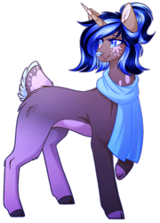 Size: 1252x1739 | Tagged: safe, artist:purplegrim40, oc, oc only, deer, unideer, blue eyes, blue nose, clothes, cloven hooves, colored ears, colored hooves, facial markings, full body, gradient coat, horn, looking back, markings, pale belly, raised hoof, scarf, simple background, solo, transparent background, two toned mane