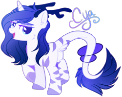 Size: 1706x1350 | Tagged: safe, artist:purplegrim40, oc, oc only, hybrid, pony, adoptable, antlers, base used, blue mane, blue tail, body markings, butt, cheek fluff, colored hooves, dock fluff, ear fluff, eye clipping through hair, firealpaca, horn, jewelry, leonine tail, lidded eyes, looking at you, looking back, looking back at you, open mouth, plot, raised hoof, ring, simple background, smiling, solo, tail, tail ring, transparent background, white coat