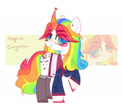 Size: 1920x1695 | Tagged: safe, artist:dillice, oc, oc only, pony, unicorn, curved horn, deviantart watermark, eye clipping through hair, eyelashes, grin, horn, multicolored hair, obtrusive watermark, rainbow hair, raised hoof, simple background, smiling, solo, unicorn oc, watermark, white background, zoom layer