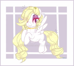 Size: 1600x1420 | Tagged: safe, artist:dillice, oc, oc only, pegasus, pony, abstract background, choker, commission, eyelashes, female, flying, hair over one eye, mare, pegasus oc, simple background, smiling, solo, white background, wings, ych result