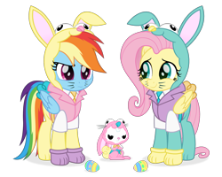 Size: 2000x1600 | Tagged: safe, artist:spookitty, angel bunny, fluttershy, rainbow dash, pegasus, pony, rabbit, g4, animal, animal costume, bunny costume, bunny ears, bunny hood, bunnyshy, clothes, costume, cute, dashabetes, easter, easter egg, egg, female, grumpy, happy, happy easter, holiday, paw gloves, shyabetes, simple background, transparent background, vest