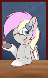 Size: 1200x1920 | Tagged: safe, artist:thebadbadger, oc, oc only, oc:candy bits, bat pony, :p, tongue out