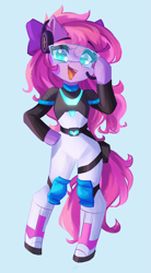 Size: 3593x6500 | Tagged: safe, artist:saxopi, oc, oc only, oc:lillybit, semi-anthro, adorkable, arm hooves, blue background, bow, clothes, costume, cute, dork, female, gaming headset, glitch art, headphones, headset, open mouth, open smile, ribbon, simple background, smiling, solo, visor