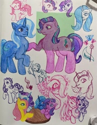 Size: 640x824 | Tagged: safe, artist:mintroni, fluttershy, rarity, starlight glimmer, trixie, g4, female, lesbian, ship:flarity, ship:startrix, shipping, traditional art