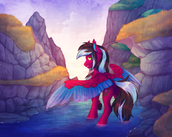 Size: 2500x2000 | Tagged: safe, artist:dereketto, oc, oc only, oc:razzmatazz gleam, hybrid, pegasus, pony, female, grin, high res, looking at you, looking back, looking back at you, mare, rear view, river, scenery, smiling, smiling at you, solo, spread wings, sunrise, water, wings