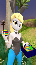 Size: 900x1600 | Tagged: safe, artist:oatmeal!, derpy hooves, human, equestria girls, g4, 3d, basket, bowtie, breasts, bunny ears, bunny suit, busty derpy hooves, clothes, cuffs (clothes), easter, easter egg, gmod, holding, holiday, island, leotard, palm tree, pantyhose, playboy bunny, sexy, solo, spread legs, spreading, tree