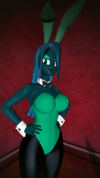 Size: 900x1600 | Tagged: safe, artist:oatmeal!, queen chrysalis, human, equestria girls, g4, 3d, bowtie, breasts, bunny ears, bunny suit, busty queen chrysalis, clothes, cuffs (clothes), easter, easter bunny, equestria girls-ified, gmod, green leotard, hand on hip, holiday, humanized, legs together, leotard, looking at you, pantyhose, playboy bunny, sexy, simple background