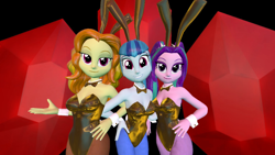 Size: 1600x900 | Tagged: safe, artist:oatmeal!, adagio dazzle, aria blaze, sonata dusk, human, equestria girls, g4, 3d, bedroom eyes, bowtie, breasts, bunny adagio, bunny ears, bunny suit, clothes, cuffs (clothes), easter, easter bunny, gem, gemstones, gmod, grin, group shot, hand on hip, holiday, humanized, legs together, leotard, looking at you, pantyhose, playboy bunny, sexy, simple background, siren gem, smiling, the dazzlings, wide eyes