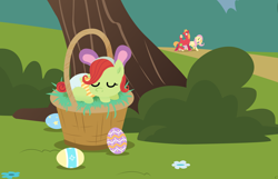 Size: 3100x2000 | Tagged: safe, anonymous artist, big macintosh, fluttershy, oc, oc:late riser, pony, series:fm holidays, g4, baby, baby pony, basket, bunny ears, bush, colt, easter, easter basket, easter egg, eyes closed, female, foal, high res, holiday, lineless, male, mare, no pupils, offspring, open mouth, parent:big macintosh, parent:fluttershy, parents:fluttermac, path, searching, ship:fluttermac, shipping, sleeping, stallion, straight, tree, underhoof