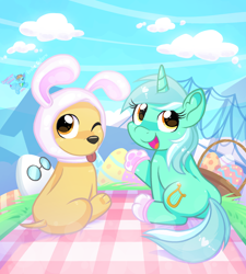 Size: 1636x1818 | Tagged: safe, artist:rainbow eevee, lyra heartstrings, dog, pony, unicorn, g4, 2022, adopt me!, adoption island, basket, bridge, brown eyes, building, bunny ears, bunny feet, bunny hood, butt, clothes, cloud, digital art, easter, easter basket, easter egg, egg (food), eggburt, eyelashes, female, food, happy, holiday, hoodie, one eye closed, open mouth, orange eyes, paw pads, plot, roblox, silhouette, sitting, sky, tongue out, two toned mane