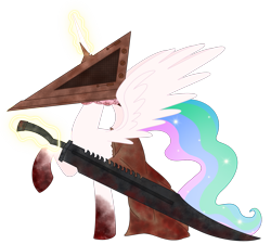 Size: 1959x1766 | Tagged: safe, artist:dyonys, princess celestia, alicorn, pony, series:horrorverse, g4, blood, clothes, great knife, knife, magic, pyramid head, silent hill, simple background, skirt, spread wings, sword, transparent background, weapon, wings