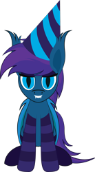 Size: 1140x2065 | Tagged: safe, artist:tikibat, derpibooru exclusive, oc, oc only, oc:stardust, oc:stardust(cosmiceclipse), bat pony, pony, bat pony oc, bat wings, birthday, clothes, ear fluff, eyeshadow, fangs, hat, makeup, male, membranous wings, party hat, simple background, slit pupils, socks, solo, stallion, striped socks, transparent background, wings