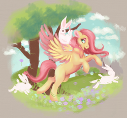 Size: 2500x2317 | Tagged: safe, artist:roselord, angel bunny, fluttershy, pegasus, pony, rabbit, g4, animal, cloud, cute, high res, mountain, shyabetes, tree, wip