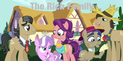 Size: 1000x500 | Tagged: artist needed, safe, edit, edited screencap, screencap, diamond tiara, filthy rich, showtime, spoiled rich, stinkin' rich, pony, elderly, female, filly, foal, grandfather and grandchild, male, mare, stallion