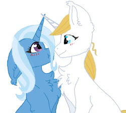 Size: 600x535 | Tagged: safe, artist:decokenite, prince blueblood, trixie, pony, unicorn, g4, base used, blushing, boop, chest fluff, crossed horns, ear fluff, female, flushed face, horn, horns are touching, looking at each other, looking at someone, male, mare, messy mane, ship:bluetrix, shipping, simple background, sitting, smiling, stallion, straight, white background