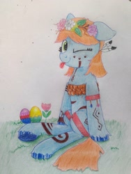 Size: 3000x4000 | Tagged: safe, artist:syndyfon, oc, oc only, oc:elonrie, pony, ;p, easter, easter egg, feather, floppy ears, floral head wreath, flower, holiday, one eye closed, solo, tongue out, traditional art, wink