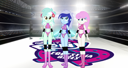 Size: 3330x1785 | Tagged: safe, artist:invisibleink, lyra heartstrings, minuette, twinkleshine, human, equestria girls, g4, belly button, breasts, clothes, elbow pads, female, knee pads, sports, sports bra, sports panties, wrestler, wrestling, wrestling ring