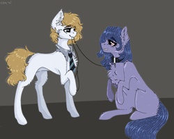 Size: 2500x2000 | Tagged: safe, derpibooru exclusive, oc, oc only, oc:connie, oc:cosmia nebula, earth pony, pony, chest fluff, collar, colored, ear fluff, flat colors, high res, leash, necktie, pet play, pixel art, simple background