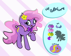 Size: 680x541 | Tagged: safe, artist:kindakismet, oc, oc only, oc:lily purpleflame, pony, female, flower, mare, reference sheet