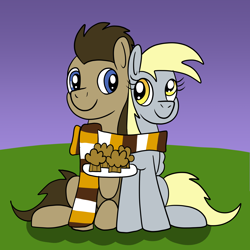 Size: 1600x1600 | Tagged: safe, artist:platinumdrop, derpy hooves, doctor whooves, time turner, earth pony, pegasus, pony, g4, clothes, duo, female, food, male, muffin, request, scarf, shared clothing, shared scarf, ship:doctorderpy, shipping, straight, striped scarf