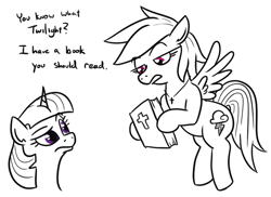 Size: 708x516 | Tagged: safe, artist:jargon scott, rainbow dash, twilight sparkle, pegasus, pony, unicorn, g4, bible, black and white, christianity, comments locked down, cross, cross necklace, dialogue, eye contact, female, flying, frown, grayscale, hoof hold, jewelry, lidded eyes, lineart, looking at each other, looking at someone, mare, monochrome, necklace, partial color, raised eyebrow, religion, religion in the comments, simple background, unicorn twilight, white background