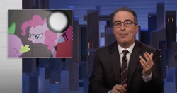 Size: 1391x729 | Tagged: safe, screencap, pinkie pie, spike, dragon, earth pony, human, pony, g4, party of one, interrogation, irl, irl human, john oliver, last week tonight, photo, picture-in-picture, youtube link in the description