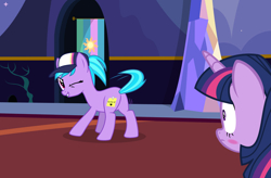 Size: 2532x1664 | Tagged: safe, artist:lunaticdawn, azure velour, twilight sparkle, earth pony, pony, g4, blushing, butt, butt shake, cap, female, hat, one eye closed, plot, smiling, sticky note, text, twerking, twilight's castle, wink