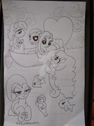 Size: 1280x1707 | Tagged: safe, artist:herumankahi, oc, oc:estevangel, oc:golden sea, oc:pretty wave, oc:silvernaqua, pony, seapony (g4), boat, holiday, traditional art, valentine's day