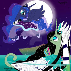 Size: 1024x1024 | Tagged: safe, artist:herumankahi, princess luna, oc, alicorn, sea pony, g4, moon, night, ocean, water