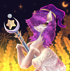 Size: 1280x1313 | Tagged: safe, artist:meggychocolatka, oc, oc only, pegasus, pony, crescent moon, eye clipping through hair, eyelashes, female, food, hat, mare, moon, outdoors, pegasus oc, scepter, solo, stars, wheat, wings, witch hat