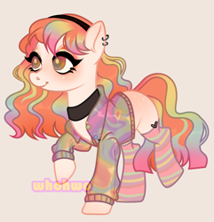 Size: 2166x2247 | Tagged: safe, artist:whohwo, oc, oc only, earth pony, pony, base used, choker, clothes, ear piercing, earring, earth pony oc, eyelashes, high res, jewelry, piercing, raised hoof, simple background, socks, solo, striped socks