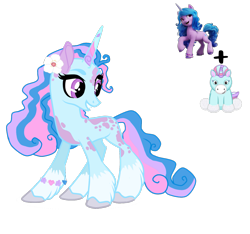 Size: 1941x1820 | Tagged: safe, artist:themessyfangirl, artist:vernorexia, izzy moonbow, oc, clydesdale, pony, unicorn, g5, adoptable, base used, blue coat, bracelet, coat markings, colored horn, curly mane, dappled, female, flower, flower in hair, fusion, g5 concept leak style, horn, jewelry, mare, multicolored horn, multicolored mane, purple eyes, simple background, solo, spots, transparent background, unshorn fetlocks, webkinz lil spring unicorn