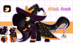 Size: 1200x709 | Tagged: safe, artist:henori_artist, oc, oc only, cat, cat pony, original species, pony, anthro, anthro with ponies, base used, bow, clothes, dress, eyelashes, female, halloween, hat, holiday, jack-o-lantern, mare, pumpkin, raised hoof, smiling, witch hat