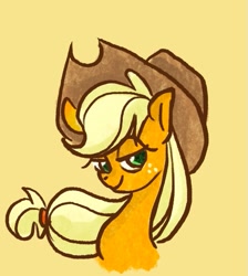 Size: 489x546 | Tagged: safe, artist:laya-21, applejack, g4, bust, lidded eyes, simple background, solo, yellow background