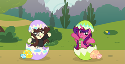 Size: 3431x1767 | Tagged: safe, artist:darbypop1, oc, oc only, oc:alyssa rice, oc:darby, alicorn, pony, clothes, easter egg, female, glasses, mare, scarf