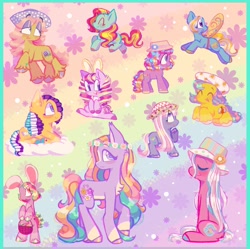 Size: 2048x2042 | Tagged: safe, artist:lemoocado, bashful bonnet, gigglebean, lavender cloud, lolligiggle, morning dawn delight, rainbow sunrise, spring carnivale, spring treat, sunshine parade, toodleloo, yesterdaisy, earth pony, pony, g3, :o, abstract background, augmented wings, basket, bipedal, bunny ears, chest fluff, closed mouth, coat markings, colored hooves, colorful, cute, ear fluff, ear tufts, easter, easter basket, easter egg, eyes closed, eyeshadow, facial markings, female, floral head wreath, flower, flying, gradient background, hat, high res, holiday, hoof heart, lidded eyes, looking up, lying down, makeup, mare, open mouth, pale belly, prone, raised hoof, ringlets, sitting, smiling, socks (coat markings), standing, stripe (coat marking), turned head, underhoof, unshorn fetlocks