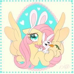 Size: 2000x2000 | Tagged: safe, artist:creeate97, angel bunny, fluttershy, pegasus, pony, g4, blushing, carrot, cute, eating, food, herbivore, high res, shyabetes