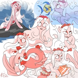 Size: 2000x2000 | Tagged: safe, artist:creeate97, oc, oc only, fish, merpony, pony, seapony (g4), bubble, female, fins, fish tail, flowing mane, flowing tail, happy, high res, lipstick, mare, mermaid tail, ocean, open mouth, rock, smiling, solo, tail, teeth, underwater, water