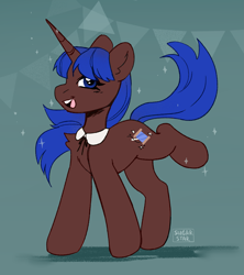 Size: 2423x2731 | Tagged: safe, artist:sugarstar, oc, oc only, pony, unicorn, female, high res, mare, open mouth, open smile, raised hoof, smiling, solo, sparkles