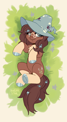 Size: 1414x2568 | Tagged: safe, artist:sugarstar, oc, oc only, earth pony, pony, female, flower, flower in hair, glasses, grass, hat, lying down, mare, on back, solo, witch hat